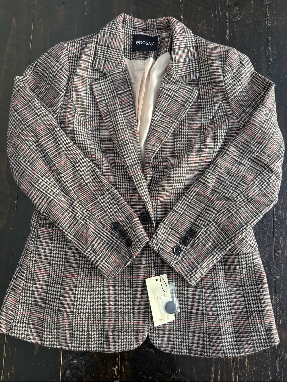 Ebossy Women's Plaid Single-Breasted Blazer in Brown, White & Red